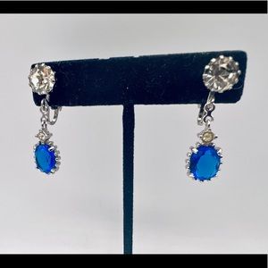 Vintage rhinestone dangles clip on earrings blue costume jewelry